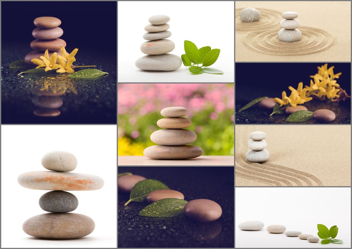 Collection, collage of balancing zen pebble stones, spa wellness tranquil scene, soul equanimity concept, mental calmness, abstract retro colors